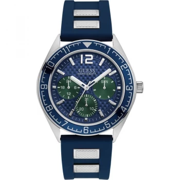 Image of GUESS Gents silver watch with blue trim, dial and strap.