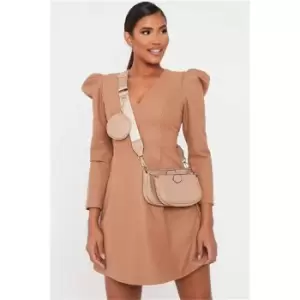 Image of I Saw It First Camel Puff Sleeve Plunge Knit Dress - Brown