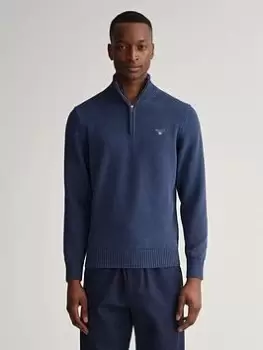 Image of GANT Casual Cotton Half Zip Knitted Jumper - Marine Melange, Marine Navy Melange, Size XL, Men