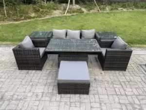 Image of Fimous 5 Seater Outdoor Dark Grey Rattan Lounge Complete Sofa Set with Adjustable Dining Table and Big Footstool
