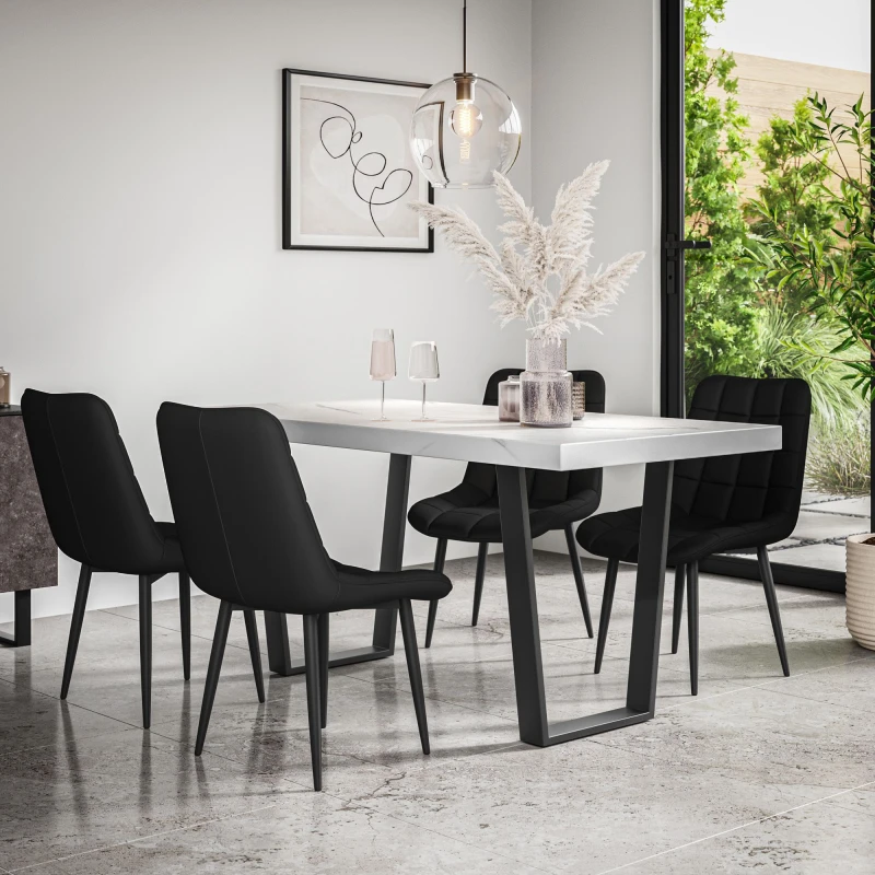 Image of More4Homes Aria Dining Table And Chairs - White Marble Effect Table Top W Black Legs + Nova Faux Leather Dining Chair Set Of 6 (Black)