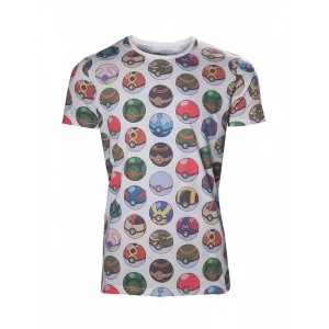 Image of Pokemon Mens All-over Poke Ball Print X-Large T-Shirt - Grey