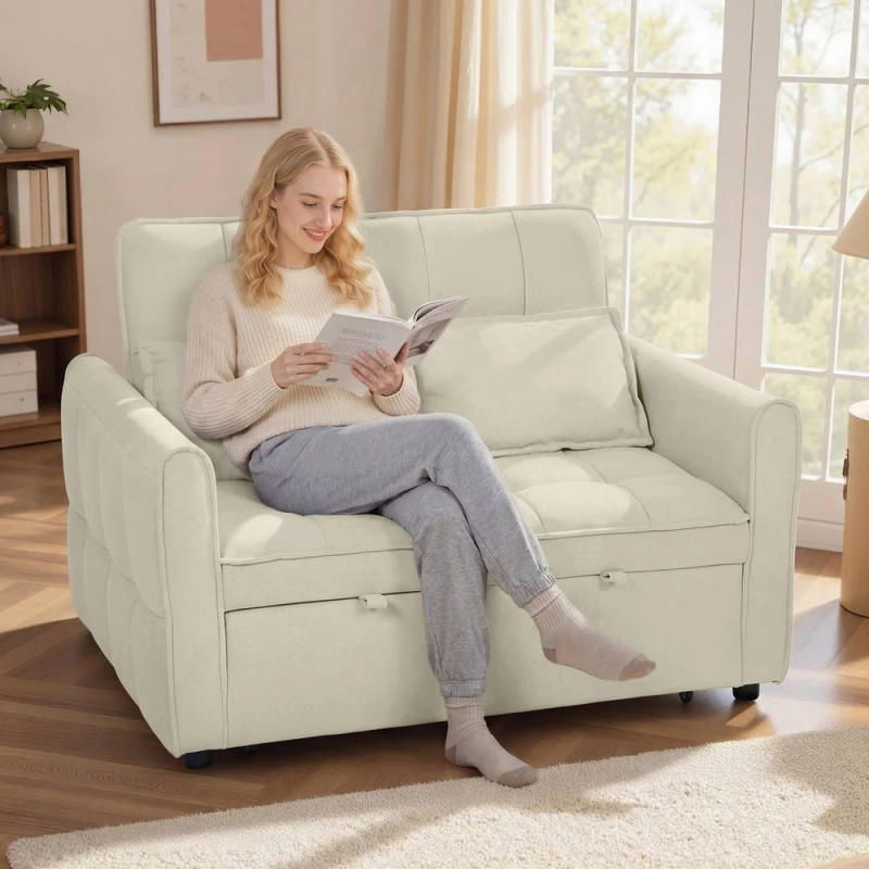 Image of HOMCOM 2 Seater Sofa Bed, 3-in-1 Sleeper Sofa with Adjustable Backrest in Light Brown Light Brown Unisex