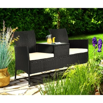 Image of Poly Rattan Garden Bench 2 Seater Cinema Bench Cushions Glass Table Weatherproof Park Garden Bench Black - Casaria
