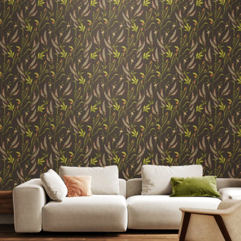 Image of Hoopla Walls Springtime Meadow - Charcoal & Coral 10M Wallpaper