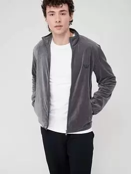 Image of Emporio Armani Bodywear Velour Lounge Zip Through Funnel Neck Jacket - Anthracite Grey, Anthracite Grey Size M Men