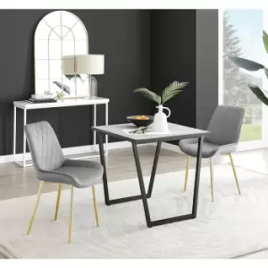 Image of Furniturebox Carson White Marble Effect Square Dining Table & 2 Grey Pesaro Gold Leg Velvet Chairs