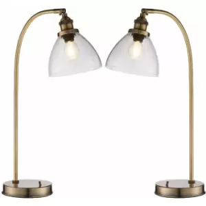 Image of 2 PACK Industrial Curved Table Lamp Antique Brass & Glass Modern Bedside Light