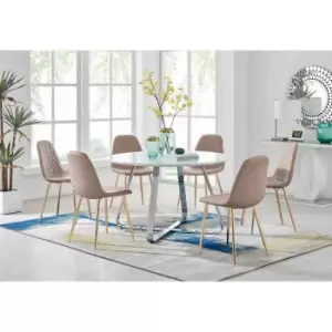 Image of Furniture Box Santorini White Round Dining Table and 6 Cappuccino Corona Gold Leg Chairs