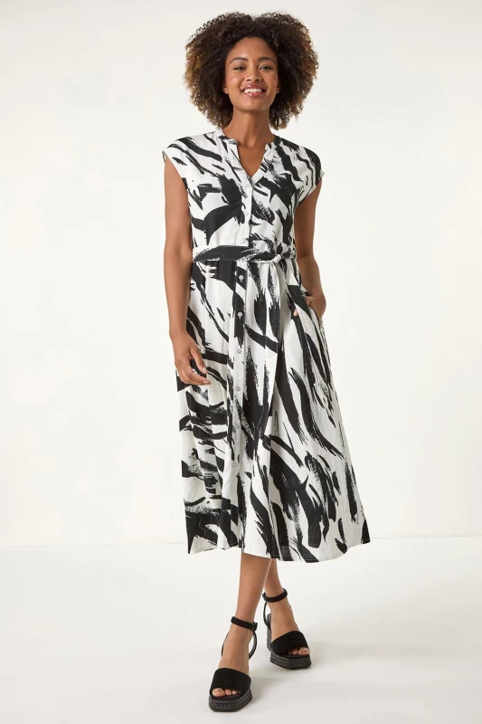 Image of Roman Womens Brushstroke Linen Mix Midi Dress in Black Size: 18 Black Female 18