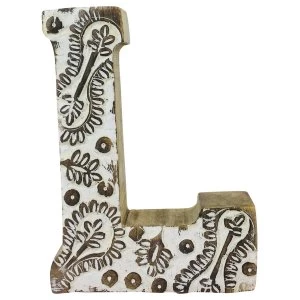 Image of Letter L Hand Carved Wooden White Flower