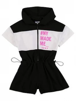 Image of DKNY Girls Slogan Hooded Playsuit - Black, Size 16 Years, Women