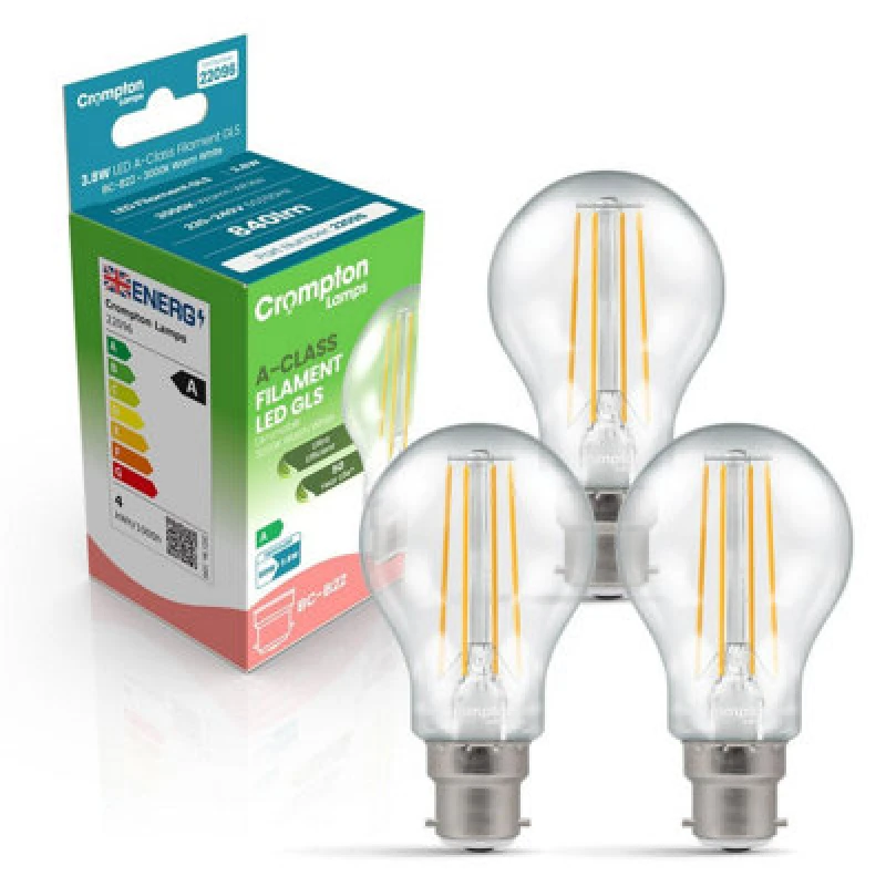 Image of Crompton Lamps Crompton LED Ultra-Efficient Gls 3.8W B22 Dimmable A-Class (3 Pack) Warm White Clear (60W Eqv) (3 Pack)