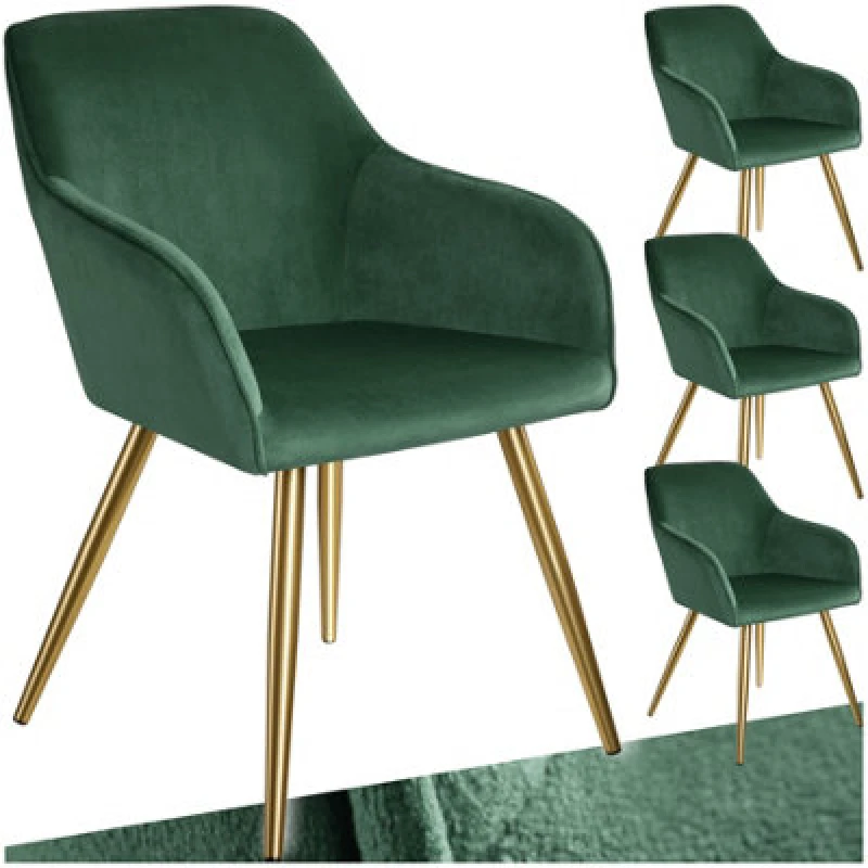 Image of Tectake Set Of 4 Chair Marilyn With Velvet Cover, Gold Steel Legs And Plush Padding - Dark Green/gold
