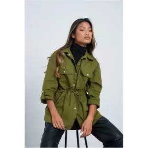 Image of I Saw It First Olive Green Belted Utlity Shacket With Turn Up Cuff - Green