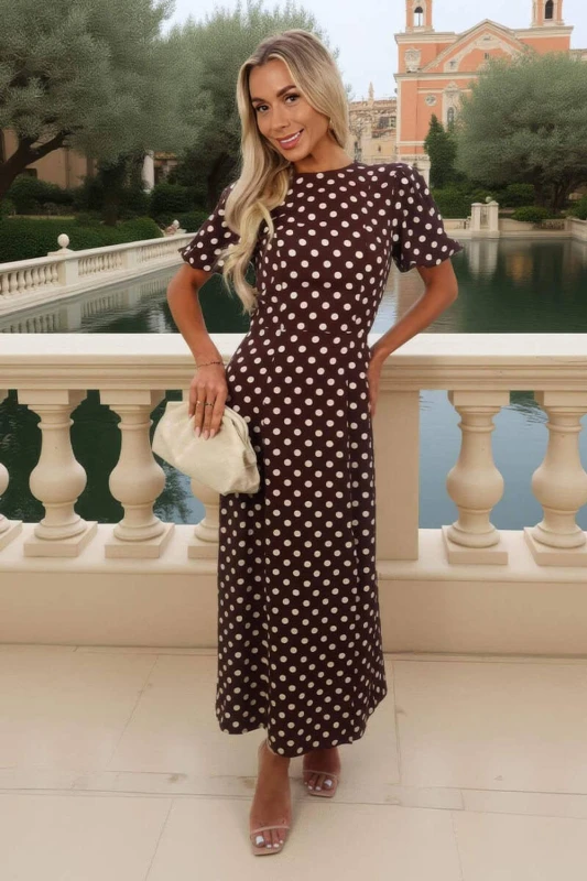 Image of AX Paris Womens Chocolate Polka Dot Print Puff Sleeve Midi Dress Size: 10 Chocolate Female 10