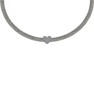 Image of GUESS rhodium plated 12" flat mesh necklace with Swarovski crystal pave heart.