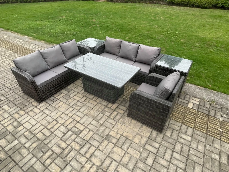 Image of Fimous Outdoor Rattan Garden Furniture Sets Height Adjustable Rising lifting Dining Table Sofa Set with Reclining Chair 2 Side Tables Dark Grey