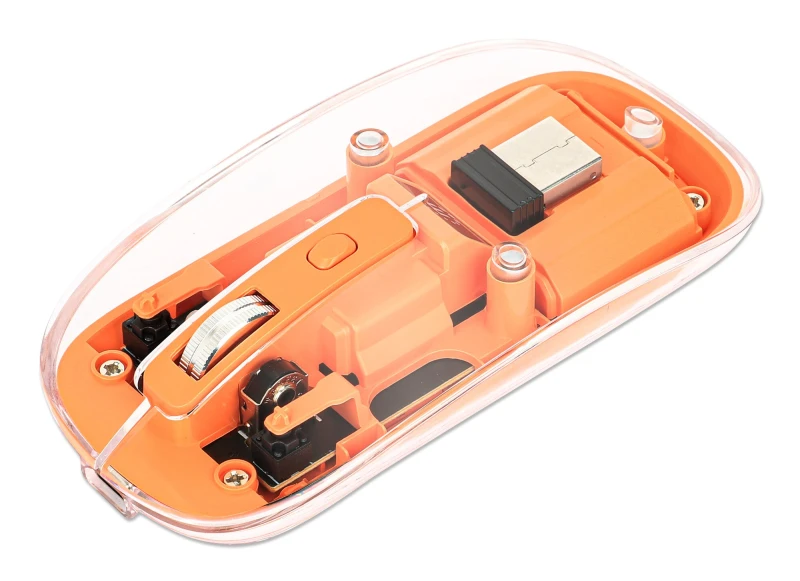 Image of Manhattan Manhattan Transparent Rechargeable Wireless Mouse, Clear/Orange, Adjustable 800/1200/1600dpi, With RGB LED light, 2.4Ghz (effective range up