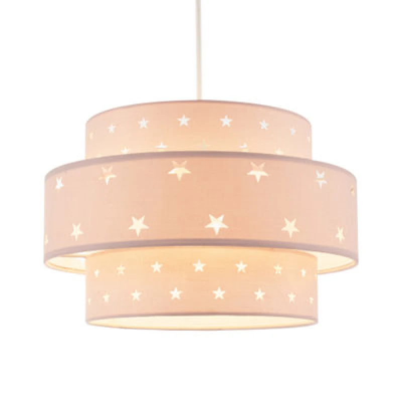 Image of Happy Homewares Triple Tier Pink Cotton Fabric Kids Pendant Shade With Stars Decor