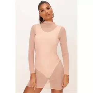 Image of I Saw It First Stone High Neck Mesh Bodycon Dress - Brown