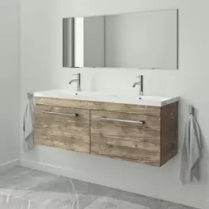 Image of 1200mm Wood Effect Wall Hung Double Vanity Unit with Basin and Chrome Handles - Ashford