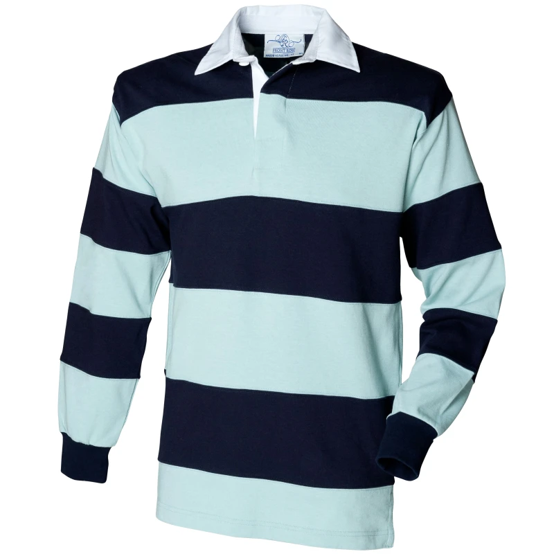 Image of Front Row Mens Sewn Stripe Long Sleeve Sports Rugby Polo Shirt in Blue Size: Small Blue Male S
