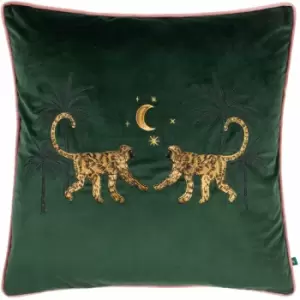 Image of Wylder - Dusk Monkey Embroidered Velvet Piped Edge Cushion Cover, Emerald, 50 x 50 Cm