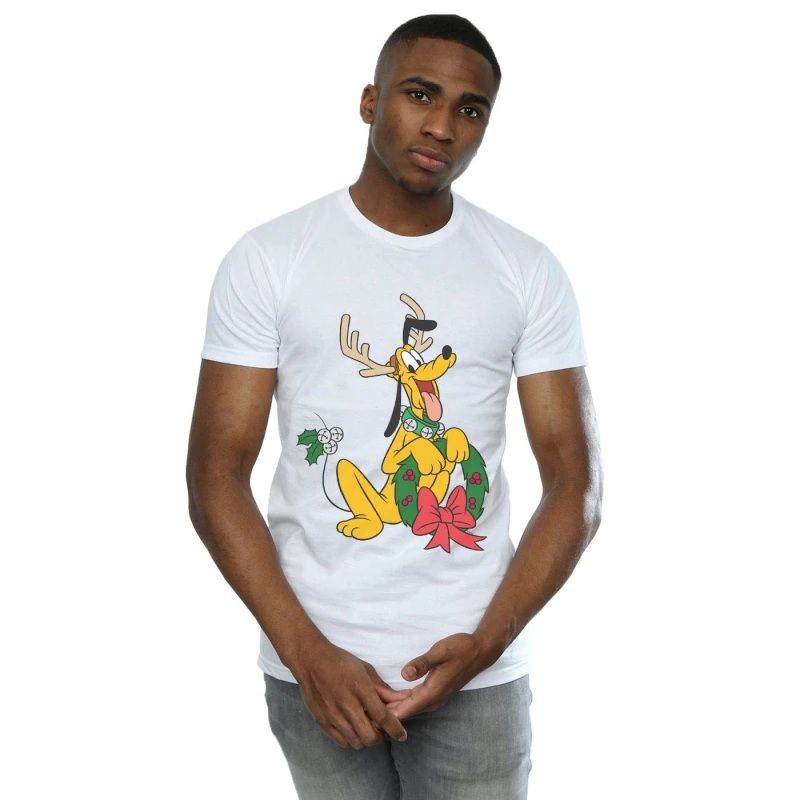 Image of Disney Men Pluto Christmas Reindeer T-Shirt in White Size: Small White S Male 5059400324259