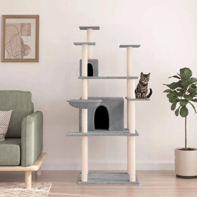 Image of vidaXL Cat Tree w/ Sisal Scratching Posts Light Grey 166cm, Grey 171724