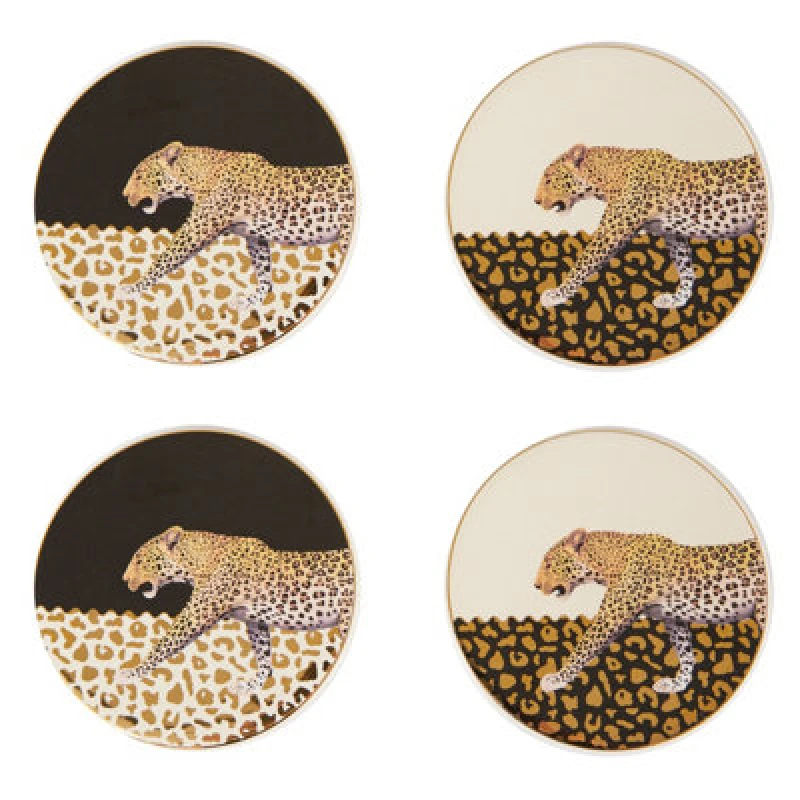 Image of Orsina Stylish Set Of 4 Coasters,black & White Leopard Design Coasters With Gold Detailing,stoneware Coasters