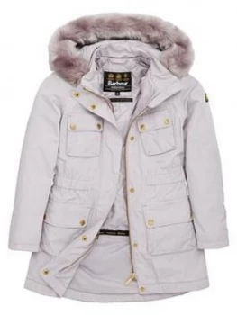 Image of Barbour International Girls Horsepower Faux Fur Hooded Coat - Ice White