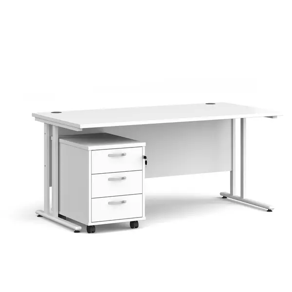 Image of Maestro 25 Straight Desk White Frame White Table Top and 3 Drawer Pedestal - 1600mm