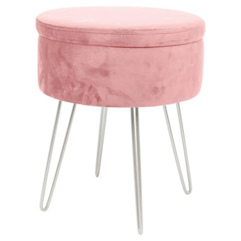 Image of Harbour Housewares Velvet Storage Footstool - Round Modern Dressing Table Footstool Vanity Seat Chair - 45 X 36Cm - Pink/silver