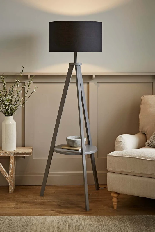 Image of ValueLights Morrigan Grey Wood Tripod Floor Lamp With Fabric Drum Lamp Shade Black
