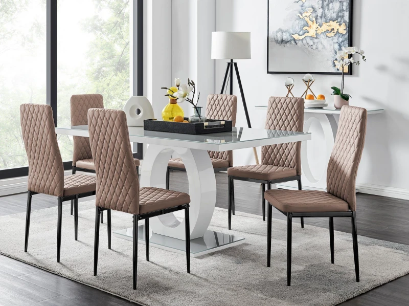 Image of FurnitureboxUK FurnitureboxUK Giovani 6-Seater Grey Glass Dining Table and 6 Milan Faux Leather Dining Chairs in Beige Beige One Size Unisex 505654265