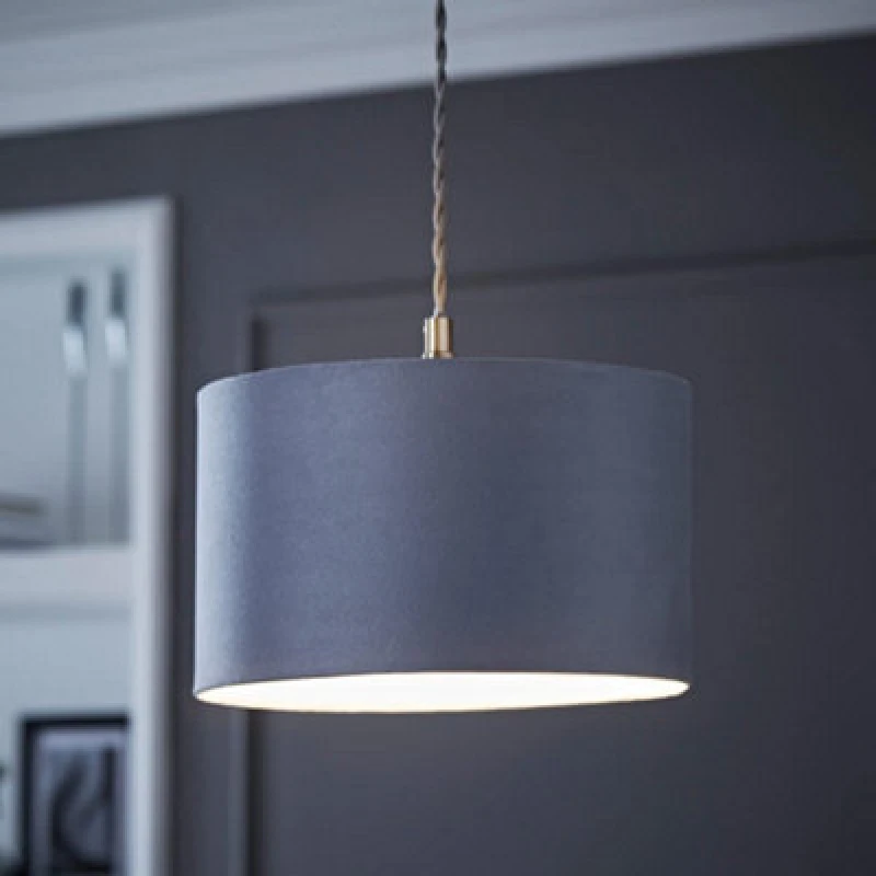 Image of ValueLights Reni Grey Velvet Drum Ceiling Lamp Shade Grey