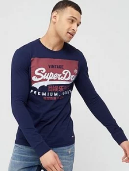 Image of Superdry Vintage Logo Long Sleeve T-Shirt - Navy, Size XL, Men