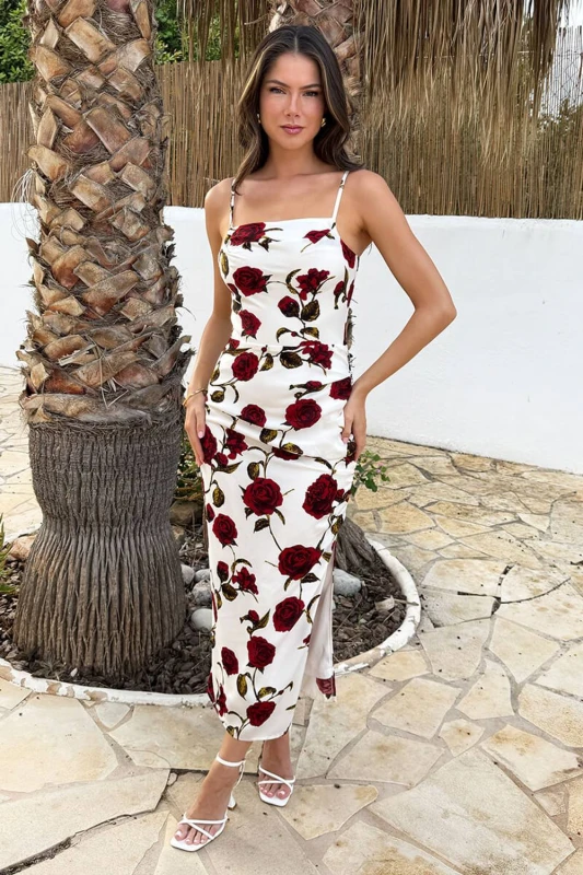 Image of AX Paris Womens Cream Rose Printed Ruched Side Strappy Midi Dress Size: 8 Cream Female 8