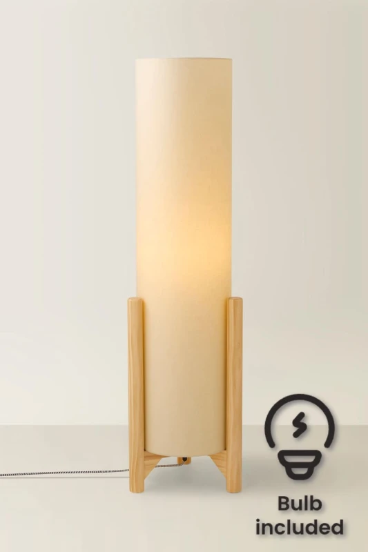 Image of ValueLights Henry Wooden Base Midi Floor Lamp with Tall Fabric Shade with LED Bulb Cream
