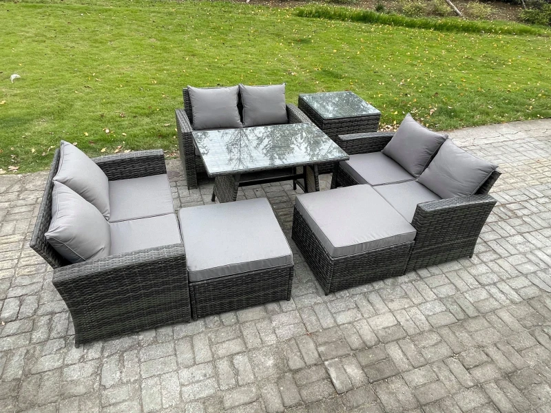Image of Fimous Outdoor Lounge Sofa Set Wicker PE Rattan Garden Furniture Set with Rectangular Dining Table 2 Seat Sofa 2 Big Footstool in Dark Grey Dark Grey