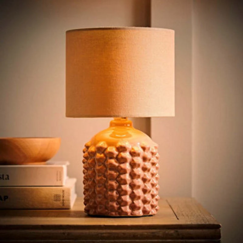 Image of ValueLights Asha Ceramic Tan Geometric Table Lamp with Drum Lamp Shade and LED Bulb Natural unisex