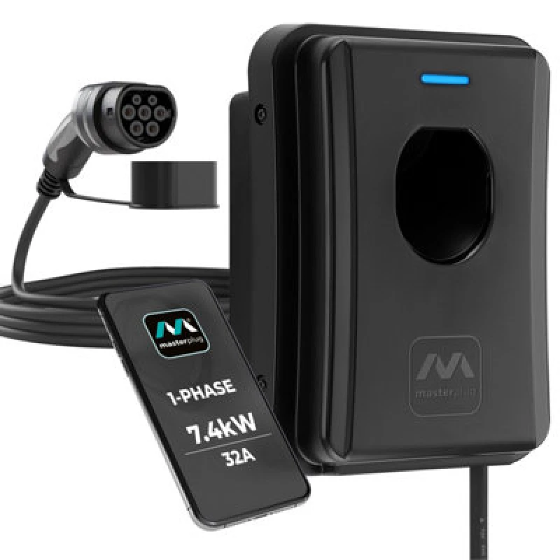 Image of Masterplug Tethered 5M Type 2 Smart Ev Wall Charger Mode 3 Black 7.4Kw