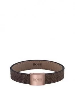 Image of Boss Monogram Brown Leather Stamped Band With Magenteic Logo Clasp