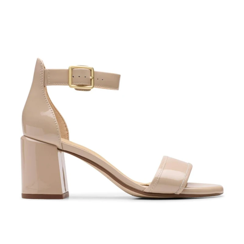 Image of Clarks Womens Ezoria Mae Sand Patent Heeled Sandals in Beige Size: 3-Standard Fit Beige Female 3-Standard Fit