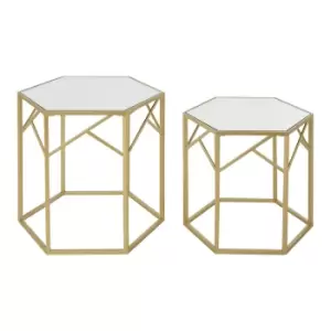 Image of Set of 2 Luxe Hexagonal Side Tables in Gold and Mirrored Glass