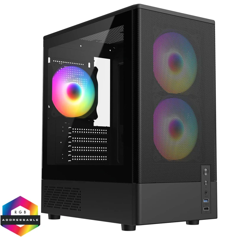 Image of CiT F3 (2025) Black Micro-ATX Mesh Front ARGB Gaming PC Case with Tempered Glass Side Panel - CIT-F3-BLK-ARGB