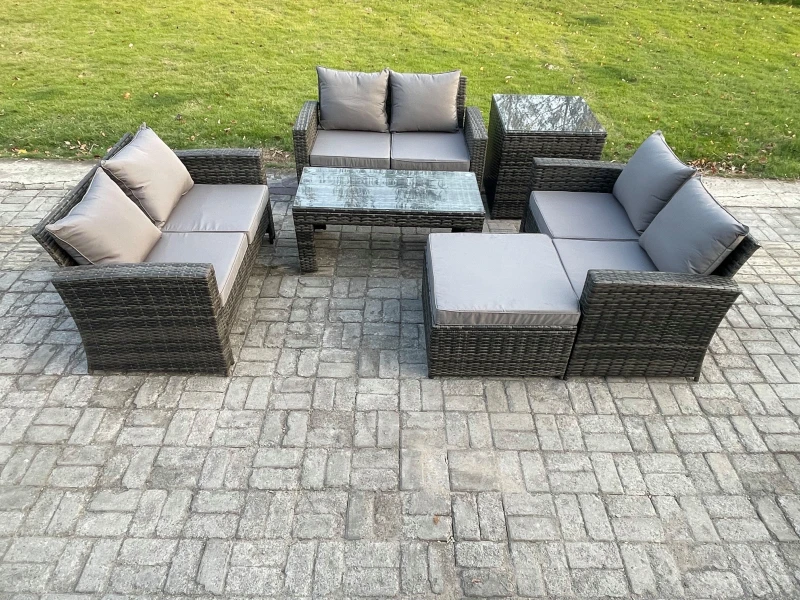 Image of Fimous Rattan Wicker Garden Furniture Patio Conservatory Sofa Set with Coffee Table Double Seater Sofa Big Footstool Side Table in Dark Grey Dark Grey