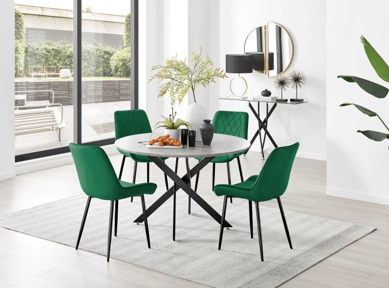Image of FurnitureboxUK FurnitureboxUK Novara Grey Concrete Effect Black Leg 120cm Round Dining Table & 4 Pesaro Black Leg Chairs in Green Green One Size Unise