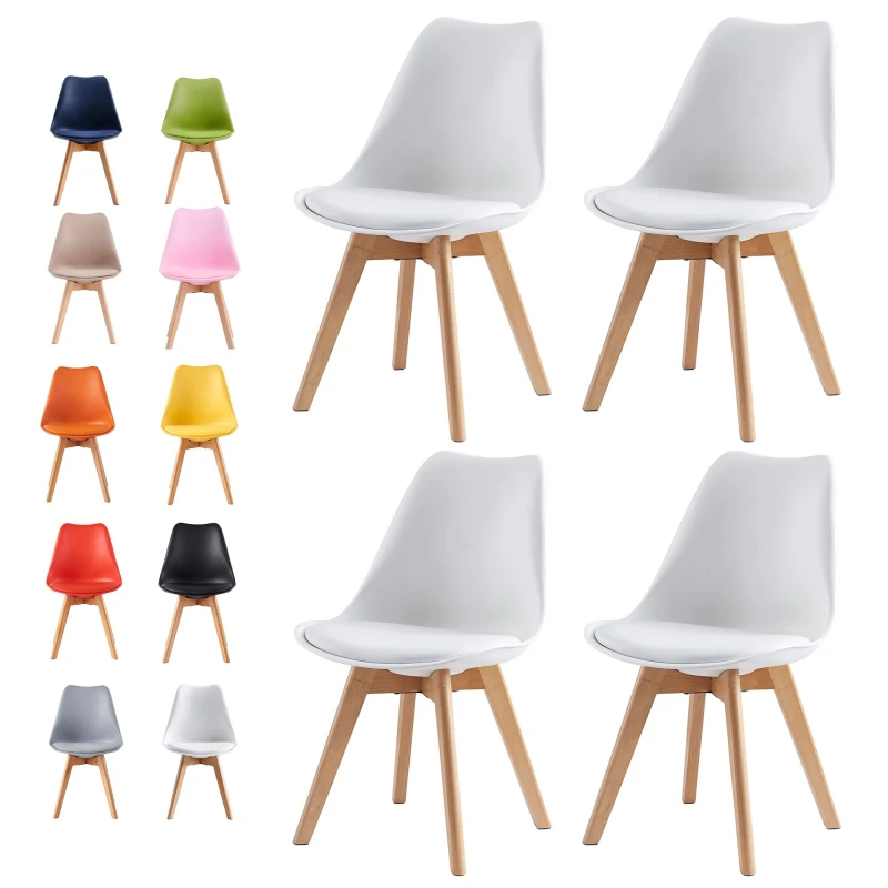 Image of MCC Direct Set of 4 Dining Chairs with Solid Wooden Legs and Padded Seat Cushions Eva White